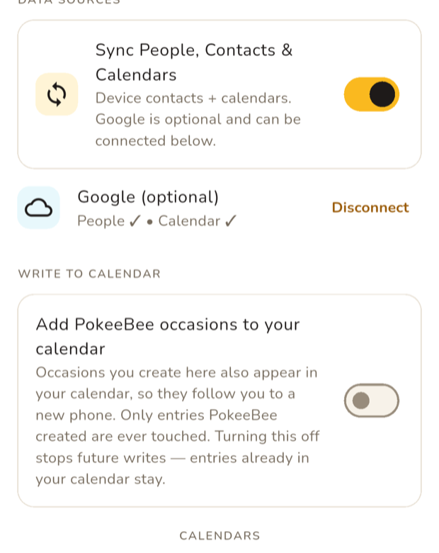 The Contacts & calendars screen, with a sync toggle, an optional Google connection showing People and Calendar connected, and a separate switch for writing occasions back to your calendar.